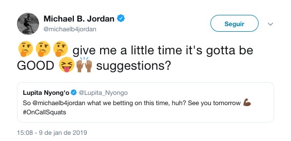 A aposta proposta pela atriz Lupita Nyong'o e a resposta ator Michael B. Jordan (Foto: Twitter)