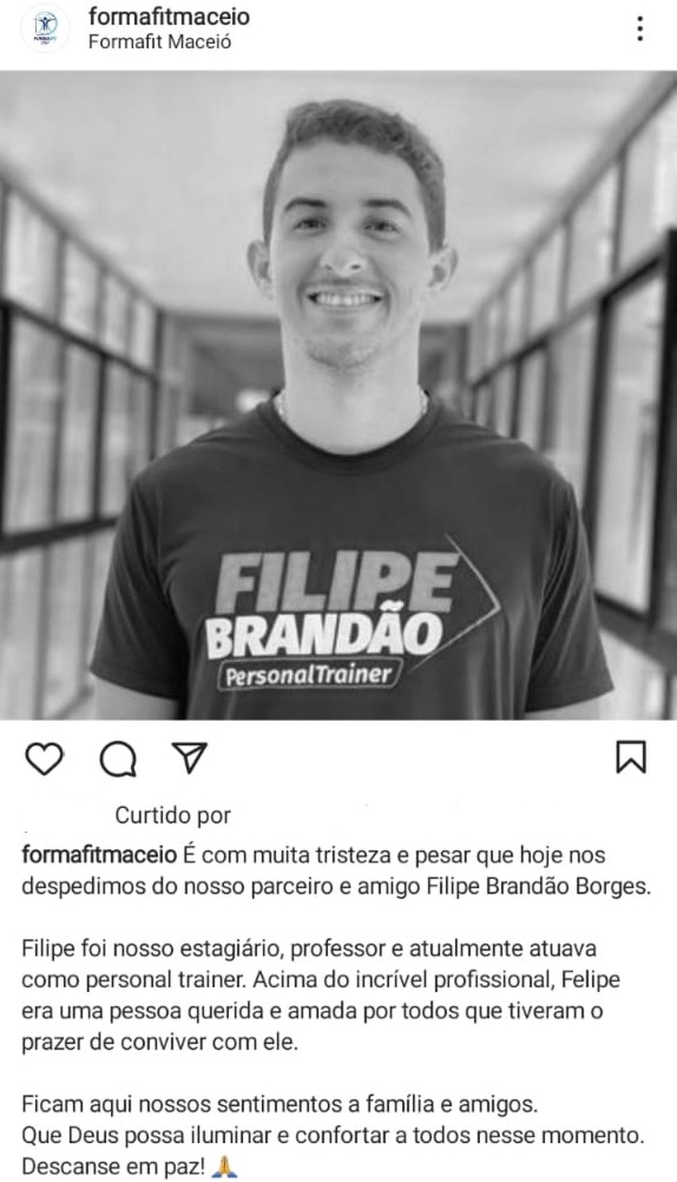 Nota de pesar da Formafit Maceió pela morte do personal trainer Filipe Brandão, que sofreu mal súbito — Foto: Reprodução/Instagram