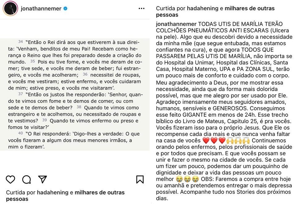 Humorista mobiliza seguidores e compra colchões pneumáticos para todos os hospitais de Marília — Foto: Instagram/Reprodução