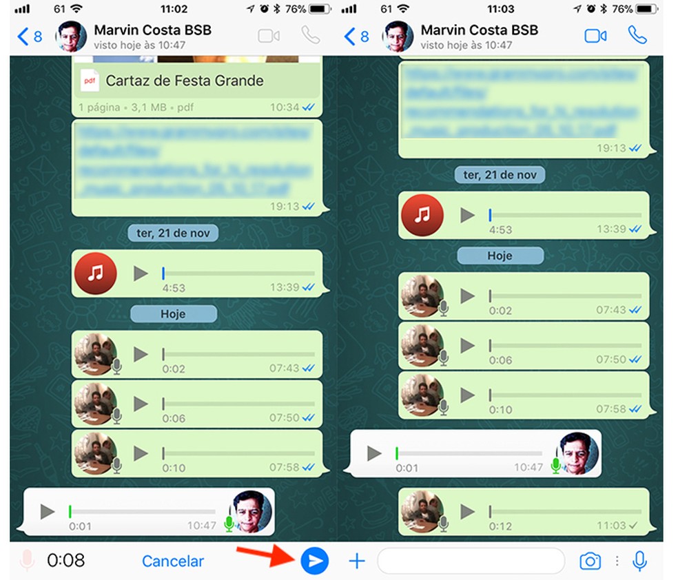 Opções para cancelar ou enviar uma mensagem de áudio no WhatsApp para iPhone (Foto: Reprodução/Marvin Costa)