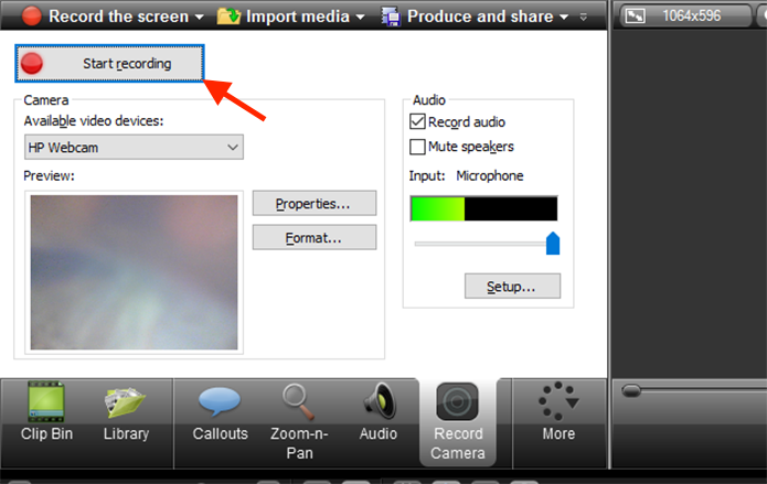 Iniciando uma gravação de vídeo com a webcam com o Camtasia Studio (Foto: Reprodução/Marvin Costa)