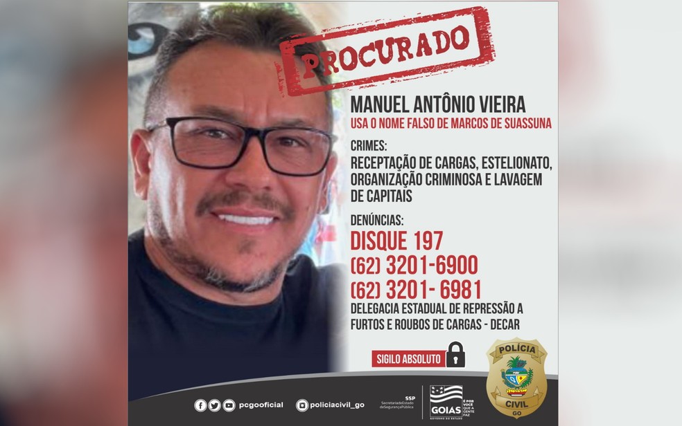 Manoel Antônio Vieira é considerado foragido pela Justiça de Goiás — Foto: Polícia Civil/Divulgação 