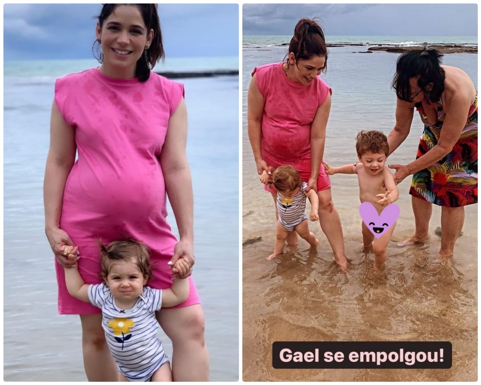 Sabrina Petraglia com os filhos, Maya e Gael, na Praia de Boa Viagem, em Pernambuco (Foto: Reprodução/Instagram)