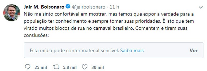 Tuíte do presidente Jair Bolsonaro sobre os blocos de rua do carnaval — Foto: Reprodução/Twitter