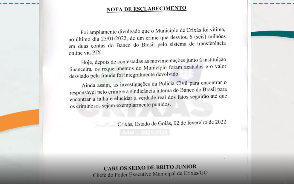 Banco devolve R$ 6 milhões que sumiram da conta da Prefeitura de Crixás após golpe do PIX, Goiás — Foto: Reprodução/Instagram