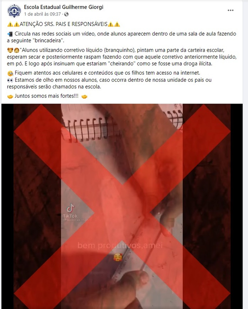 Comunicado postado nas redes sociais pela Escola Estadual Comendador Guilherme Giorgio, na Zona Leste da capital paulista. — Foto: Reprodução
