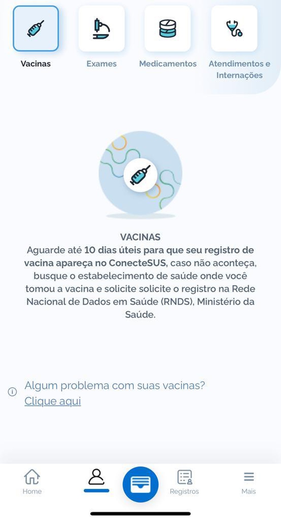 Imagem do aplicativo do ConecteSUS feita por usuário de Santa Catarina às 6h30 desta sexta-feira — Foto: Reprodução