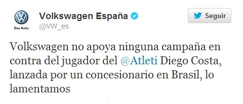 Campanha foi reprovada pela Volkswagen. Em seu Twitter, montadora diz que não apoia nenhuma campanha contra o jogador Diego Costa. 