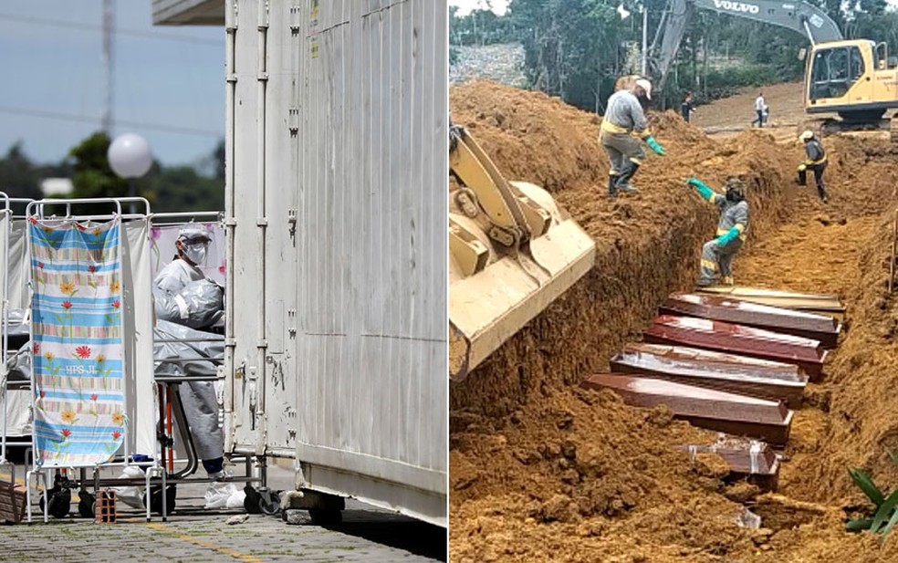 Corpos são colocados em contêineres frigoríficos e enterrados em valas comuns em Manaus — Foto: Bruno Kelly/Reuters; Reprodução
