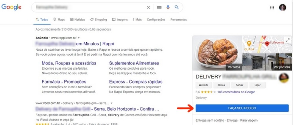 Card do delivery na busca do Google com botão para pedir comida — Foto: Reprodução/Raquel Freire