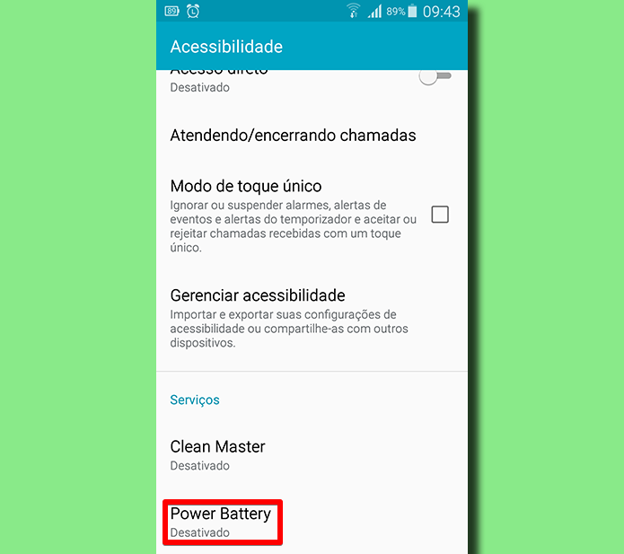Para usar a Economia Total, você terá que permitir o Power Battery nas configurações de Acessibilidade do Android (Foto: Reprodução/Filipe Garrett)