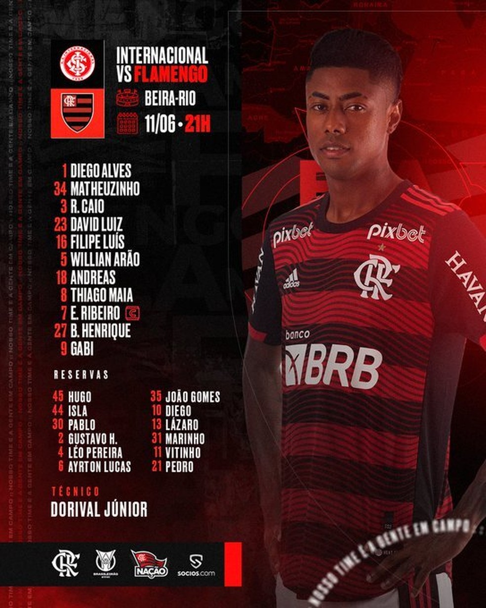 Time titular do Flamengo contra o Internacional, pela 11ª rodada do Brasileirão — Foto: Reprodução: Flamengo