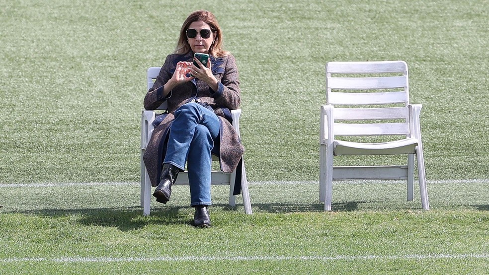 Leila Pereira, presidente do Palmeiras, na Academia de Futebol — Foto: Cesar Greco / Ag. Palmeiras