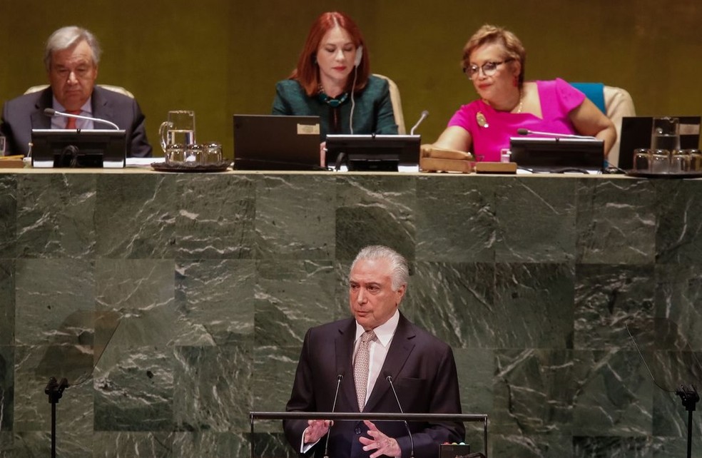 Michel Temer discursa como presidente do Brasil, na ONU, em 2018 — Foto: Cesar Itiberê/PR