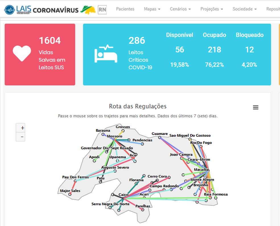 Mapa das regulações de leitos para Covid-19 no RN — Foto: Lais/UFRN