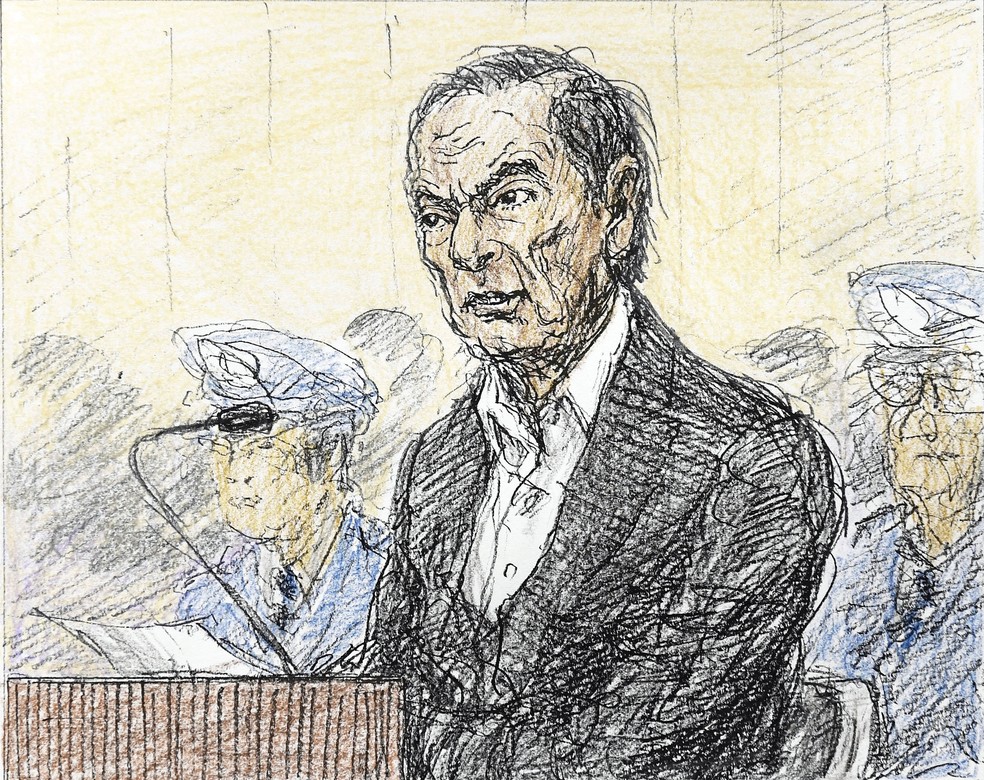 Ilustração de Carlos Ghosn ao ser ouvido pela Justiça japonesa nesta terça-feira (8) — Foto: Kyodo/via REUTERS
