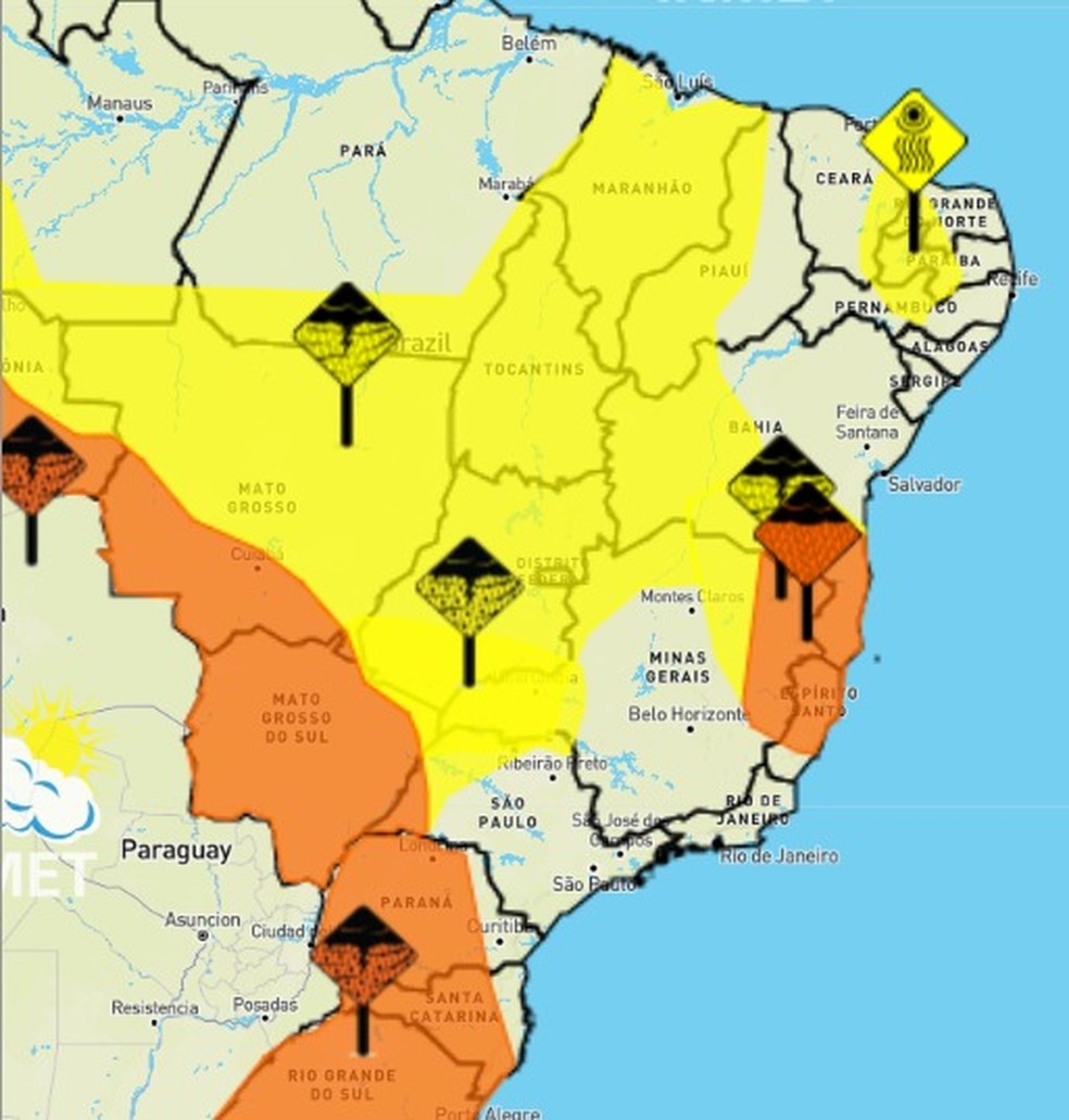 Inmet emite alertas de chuvas e ventos intensos para mais de 50 cidades do ES — Foto: Reprodução/Inmet