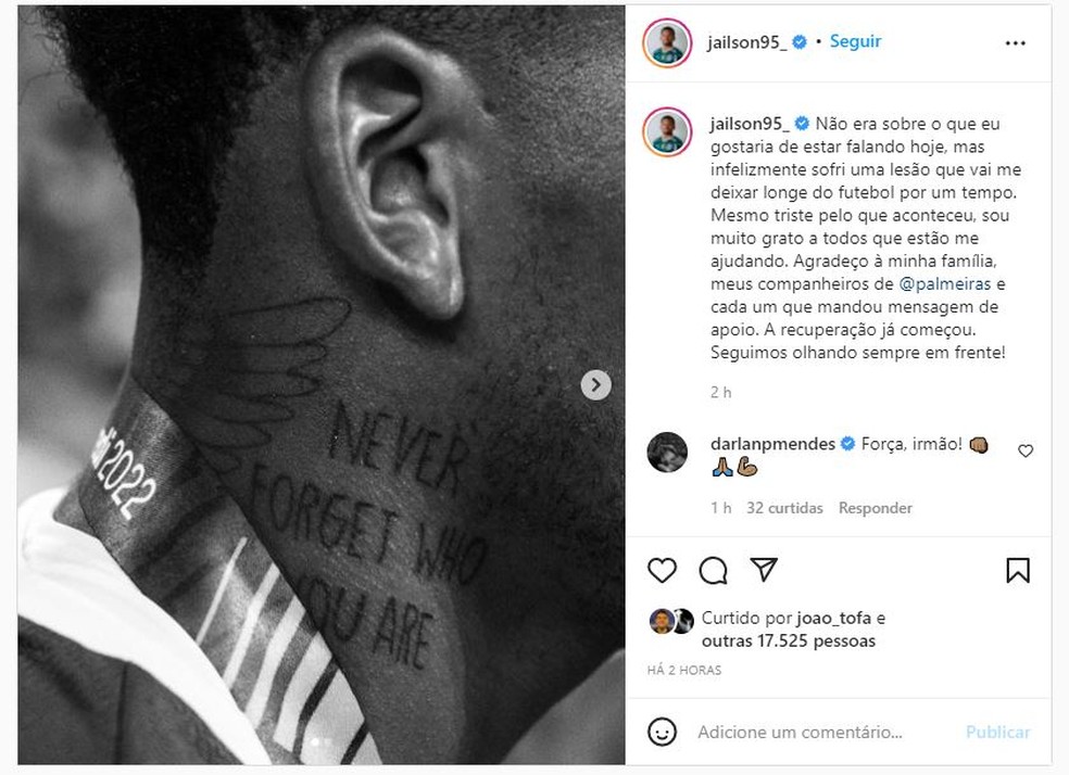 Após mensagens positivas, o lesionado Jailson agradece as boas energias da torcida
