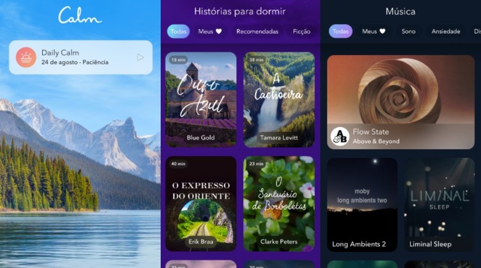 Telas do aplicativo Calm, com versão em português (Foto: Calm/Divulgação)