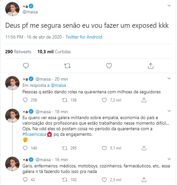 Maisa Silva ameaça expor famosos que estão desrespeitando isolamento na pandemia (Foto: Reprodução/Twitter)