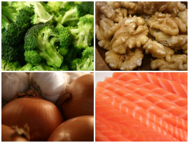 Brócolis, nozes, cebola, alho e salmão são alguns dos 11 alimentos apontados como positivos para a saúde mental (Foto: Flickr / Christian Verón; Carlos; Tereza Lisboa; Ethan Trewhitt)