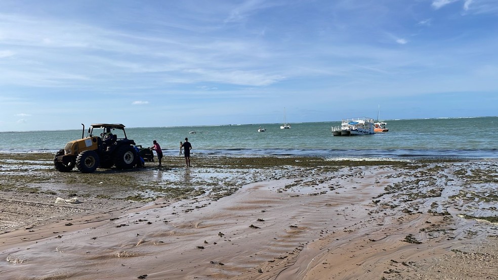 Trator foi acionado para retirar catamarã que afundou em Maceió — Foto: Ragi Torres/TV Gazeta