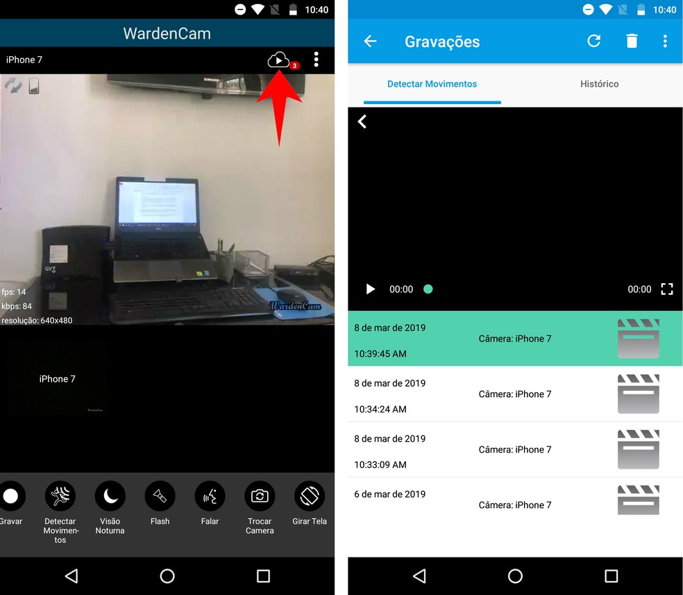 WardenCam mostra o histórico de gravações feitas pelo celular — Foto: Reprodução/Rodrigo Fernandes