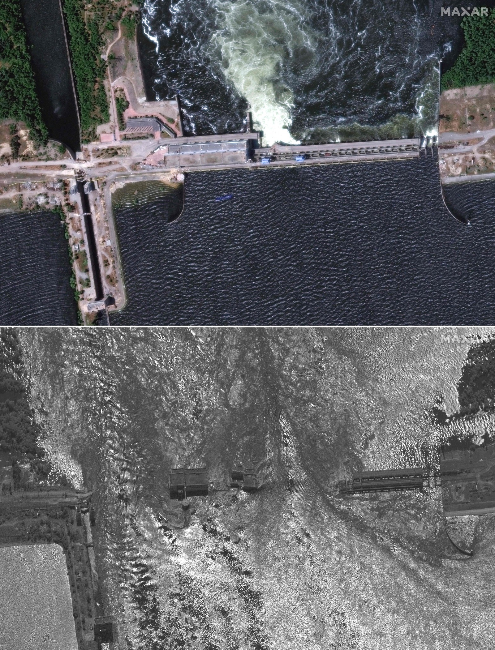 Imagem de satélite mostra a barragem da Usina Hidrelétrica de Kakhovka em 5 de junho (topo) e no dia seguinte, após ter sido danificada — Foto: Maxar Technologies / AFP