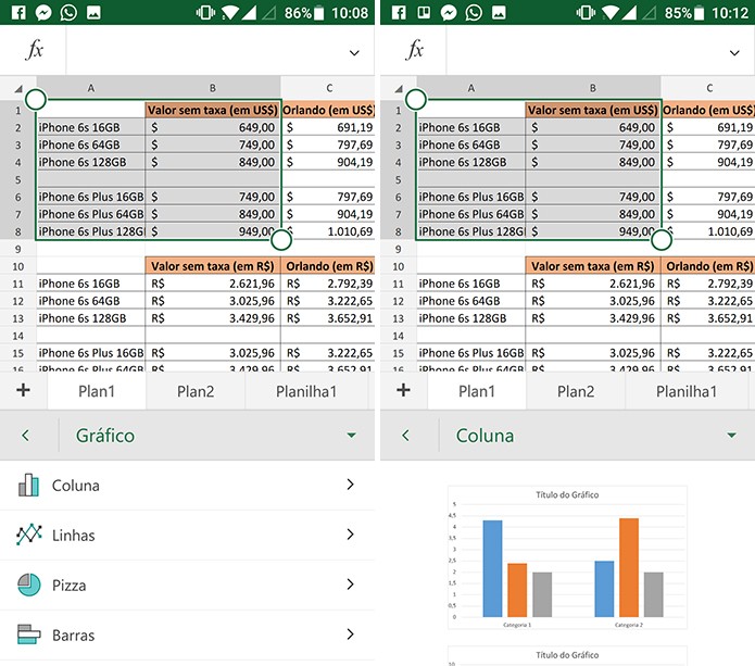 Excel para Android possui diferentes tipos e estilos de gráficos (Foto: Reprodução/Elson de Souza)