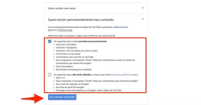 Ação para excluir definitivamente um canal do YouTube (Foto: Reprodução/Marvin Costa) Ação para excluir definitivamente um canal do YouTube (Foto: Reprodução/Marvin Costa)