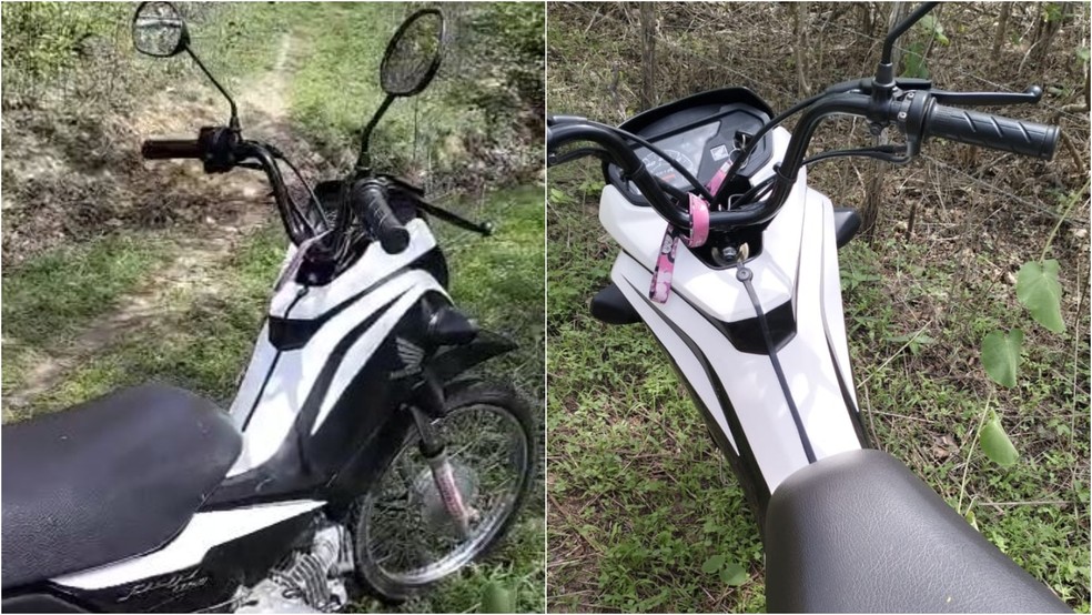 Moto de Itamara foi localizada abandonada em uma mata na localidade de Nascente, zona rural da cidade de Itarema. — Foto: Reprodução