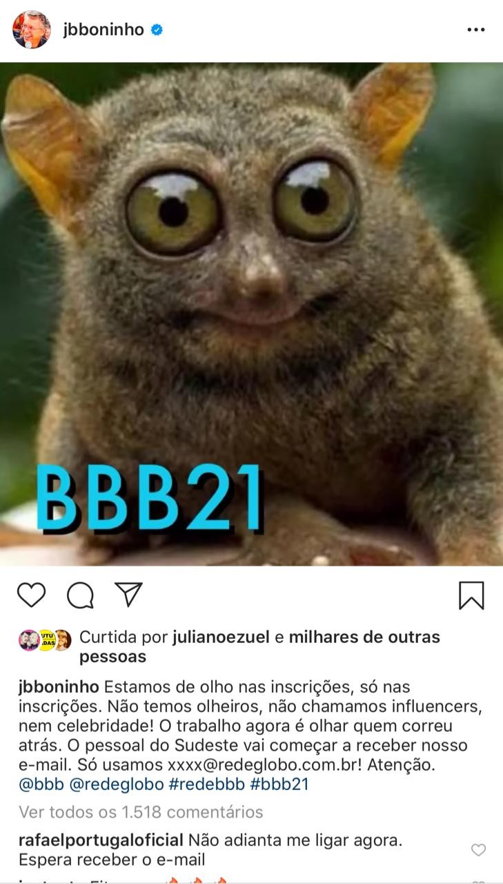 Boninho fala sobre processo seletivo do BBB21 (Foto: Reprodução/Instagram)