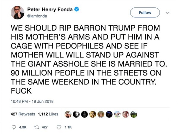 Postagem de Peter Fonda atacando a primeira-dama e o filho Barron, além de ter convocado 90 milhões de americanos nas ruas em protesto (Foto: Reprodução twitter)