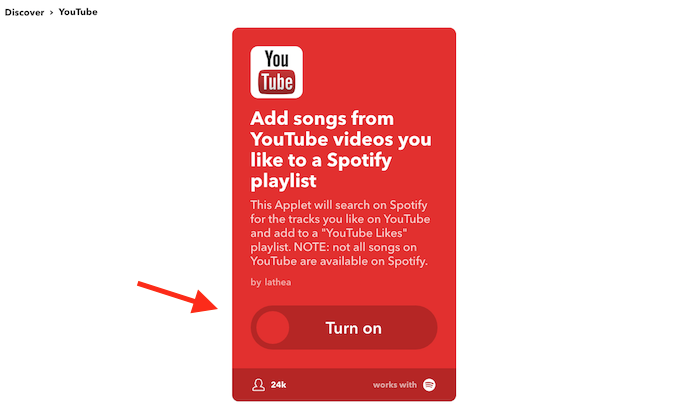 Página para acessar o serviço IFTTT que adiciona curtidas no YouTube em uma playlist do Spotify (Foto: Reprodução/Marvin Costa)