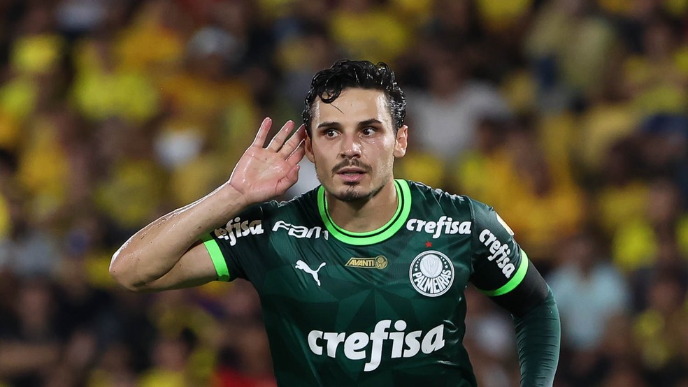 Raphael Veiga comemora gol do Palmeiras contra o Barcelona pela Conmebol Libertadores � Foto: Cesar Greco/Palmeiras