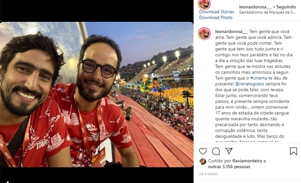 Léo Rosa relembra câncer ao conferir desfiles na Sapucaí em 2020 (Foto: Reprodução/Instagram)