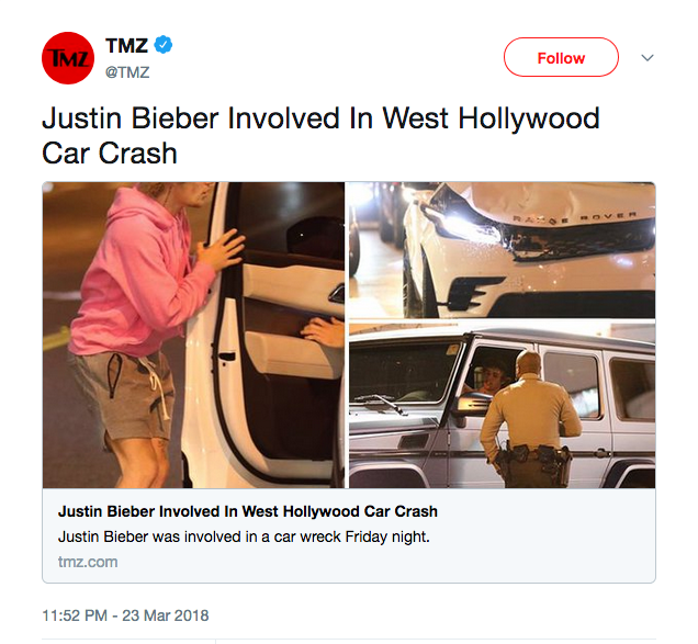 O tuíte do site TMZ noticiando o acidente envolvendo Justin Bieber (Foto: Twitter)