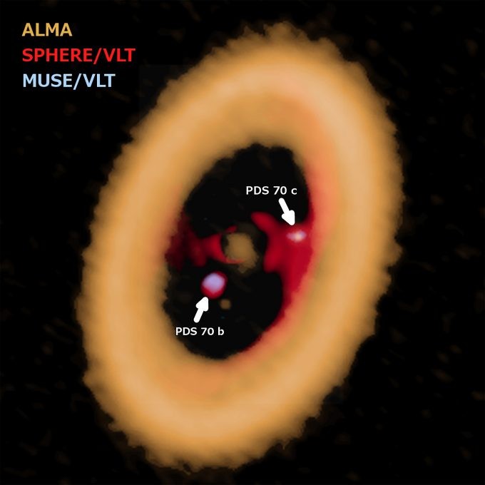 Imagem revela planetas PDS 70 b e PDS 70 c (Foto: ALMA (ESO/NOAJ/NRAO) A. Isella; ESO)
