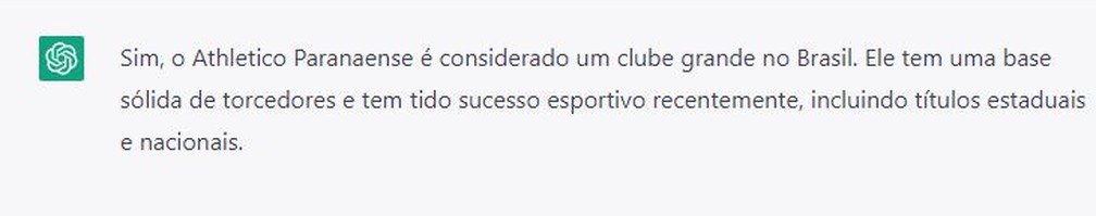 ChatGPT diz que o Athletico é um dos grandes clubes do Brasil — Foto: Reprodução