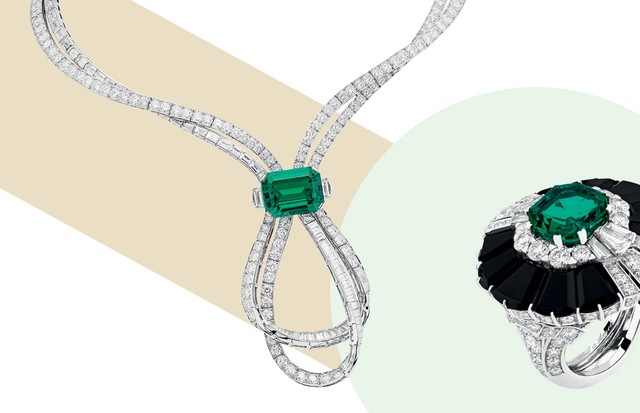 Colar de diamantes e esmeralda colombiana de 18 quilates e anel de diamantes, esmeralda e ônix (Foto: Shutterstock, Divulgação e Reprodução Instagram)