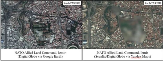 Uma comparação de imagens da base da Otan na Turquia no Google e no Yandex (Foto: FAS, via BBC News Brasil)