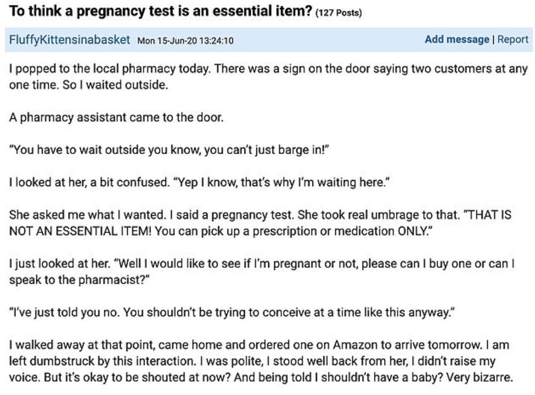 Britânica diz que farmácia negou teste de gravidez porque 'não é essencial