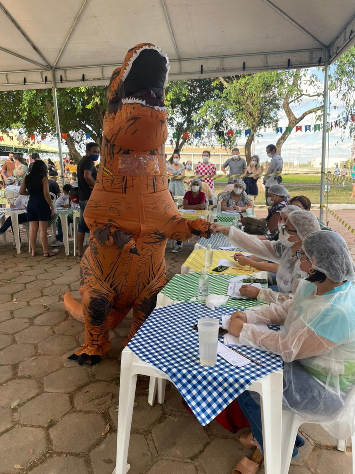 Vestido de dinossauro, repórter cinematográfico toma vacina contra a Covid em mutirão no Acre - Vimarsana News