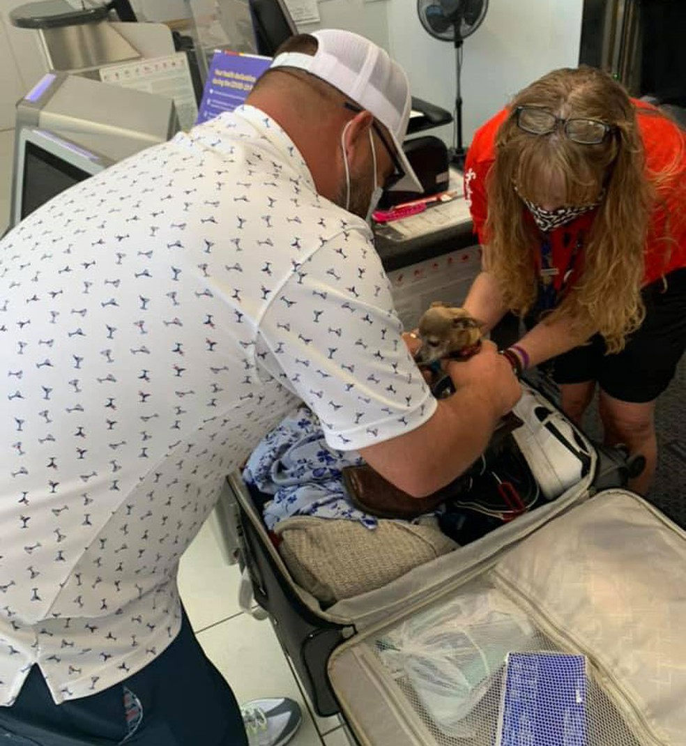 A funcionária Cathy, da companhia aérea Southwestern, e Jared Owens, retiram a chihuahua Icky de dentro da mala — Foto: Reprodução/Facebook/Jared Owens