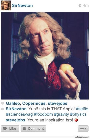 A foto de Isaac Newton com a maçã é curtida por Galileo Galilei, Nicolaus Copernicus e Steve Jobs (Foto: Reprodução/Histagrams)