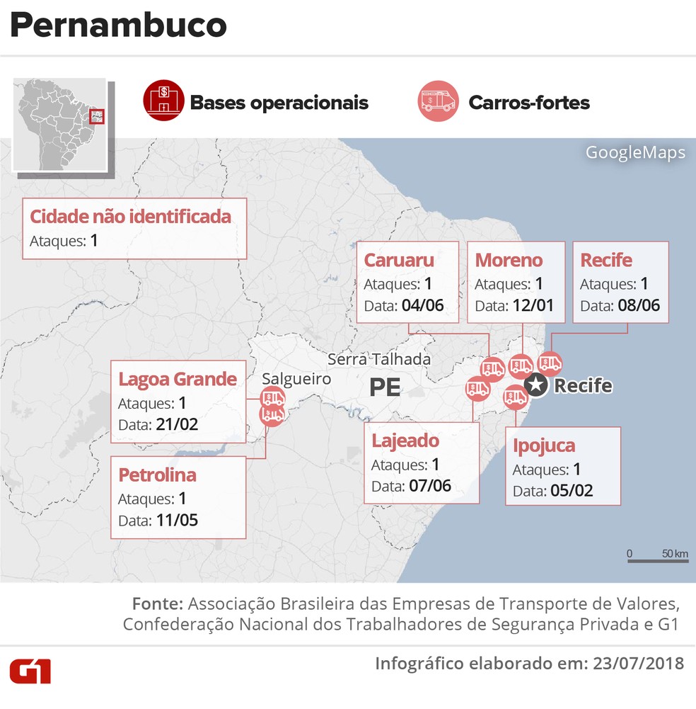 Ataques contra carros-fortes em Pernambuco no 1° semestre de 2018 (Foto: Juliane Monteiro e Karina Almeida/G1)