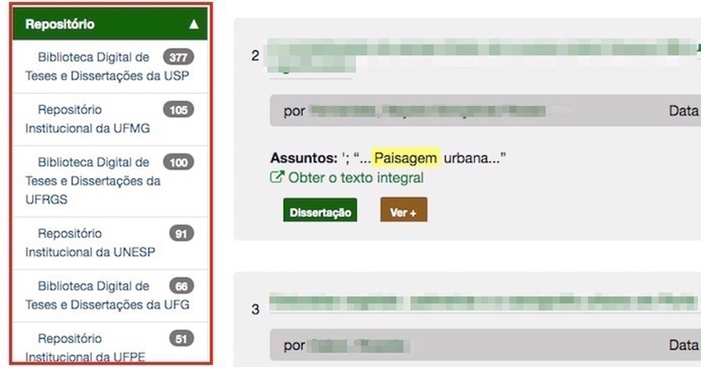 Filtros para repositórios na busca por textos acadêmicos da Biblioteca de Teses e Dissertações — Foto: Reprodução/Marvin Costa