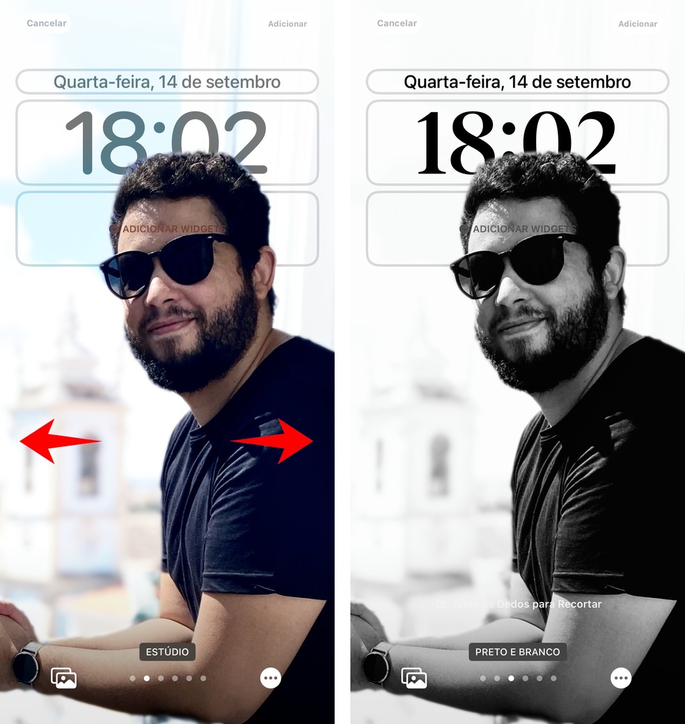 Fotos usadas no wallpaper do iOS 16 podem receber filtros e efeitos de cor — Foto: Reprodução/Rodrigo Fernandes
