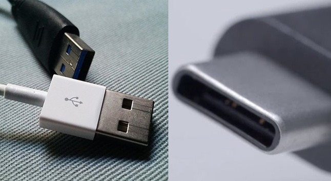 Padrão mais usado USB-A (à esquerda) e padrão USB-C (à direita), utilizado nos novos smartphones da linha Nexus (Foto: Arte/TechTudo)