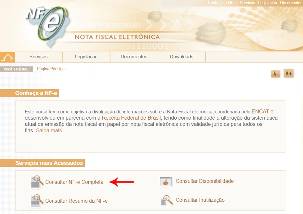 No site oficial da NF-e, clique em "Consulta NF-e completa" — Foto: Reprodução/Ana Letícia Loubak